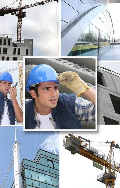 Mosaic of builder on urban construction site — Stock Photo, Image