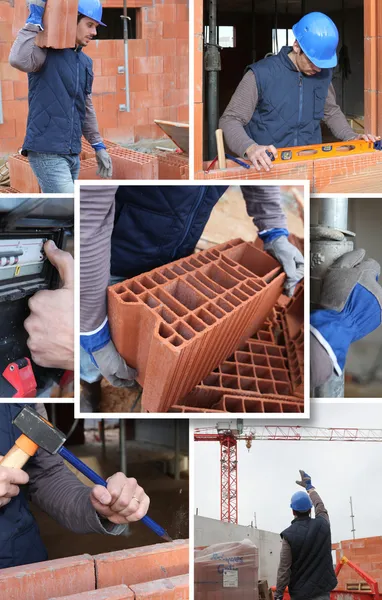 Mosaik av builder arbetar på byggarbetsplatsen — Stockfoto