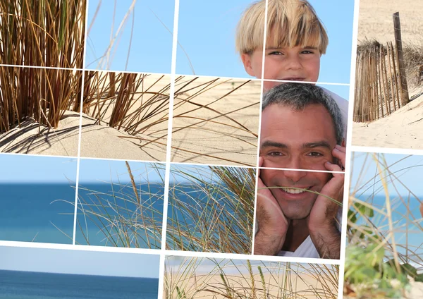 Mosaico de padre y sol en la playa — Foto de Stock