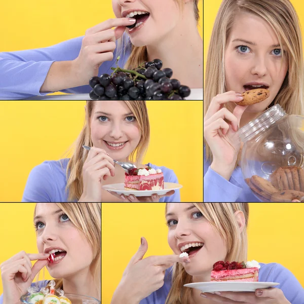 Serious of snapshots showing sweet tooth girl — Stock Photo, Image