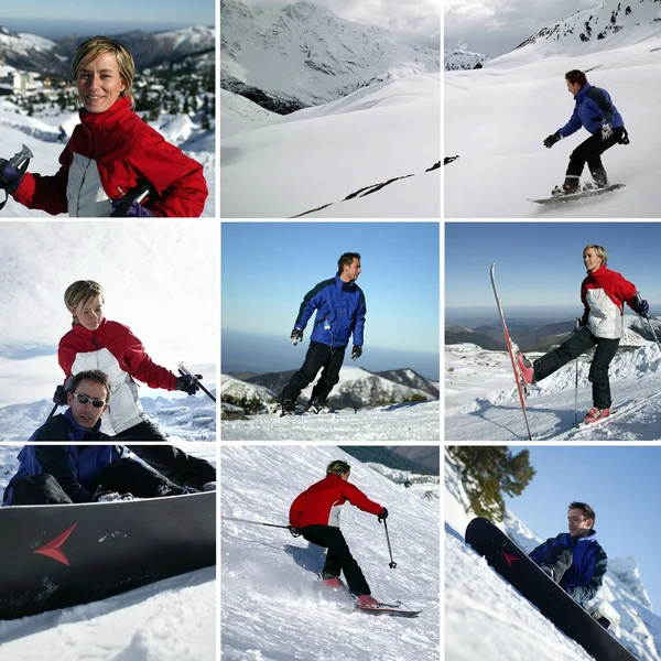 Un par de esquiadores montando cuesta abajo — Foto de Stock