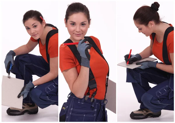 Junge Handwerkerin mit blauer Hose — Stockfoto