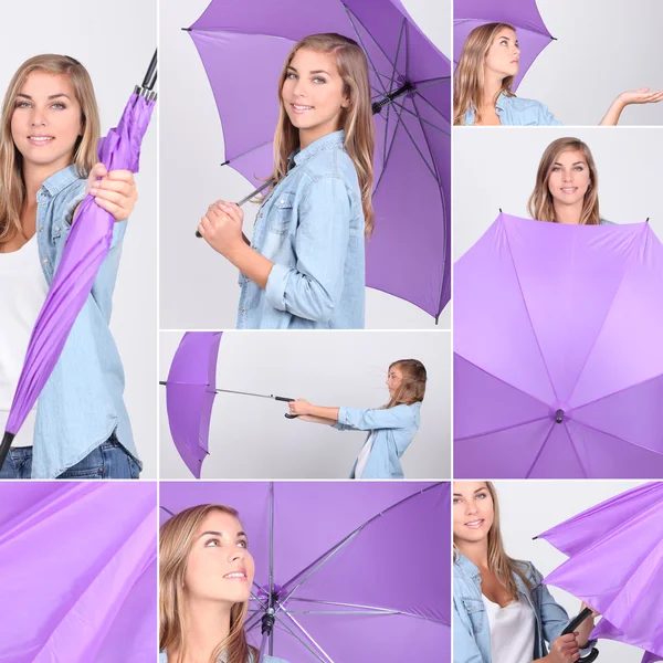 Krásná mladá žena s deštníkem, koláž — Stock fotografie