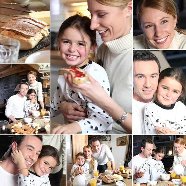 Montage of happy family having breakfast — Stock Photo, Image