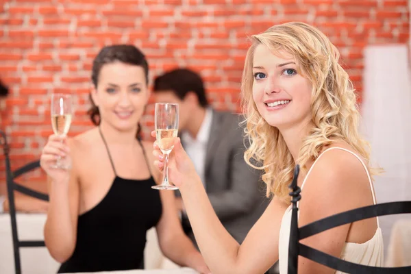 Two girlfriends drinking wine in a restaurant — Stock Photo, Image