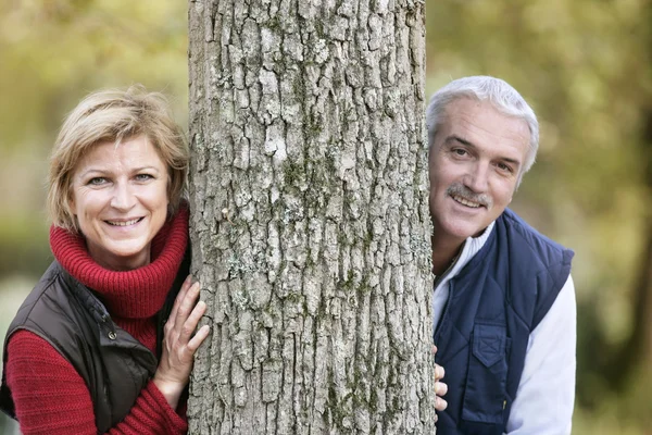 Casal casal encostado à árvore — Fotografia de Stock