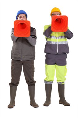 Tradesmen using pylons as megaphones clipart