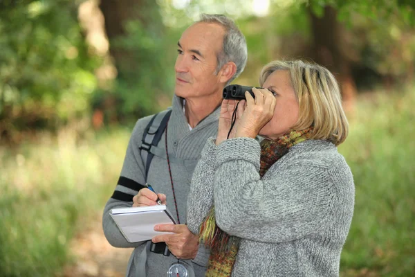 Пара пенсионеров наблюдают за дикой природой с биноклем в лесу — стоковое фото