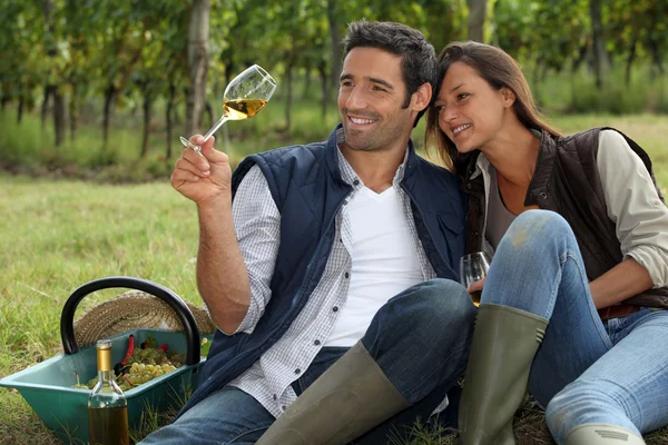 Couple taking a break from picking grapes — Stock Photo, Image