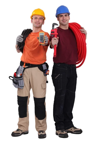Electrician and plumber displaying equipment — Stock Photo, Image
