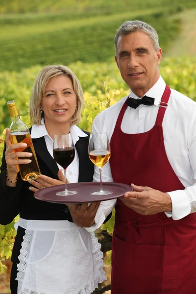 Σερβιτόρος και σερβιτόρα που σερβίρουν κρασί — Φωτογραφία Αρχείου