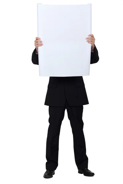 Man hidden behind a white panel for message — Stock Photo, Image
