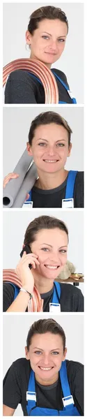 Snímky usmívající se craftswoman na sobě modré kombinézy — Stock fotografie