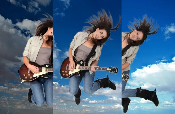 Kobieta gitarzysta skoki w powietrzu — Zdjęcie stockowe