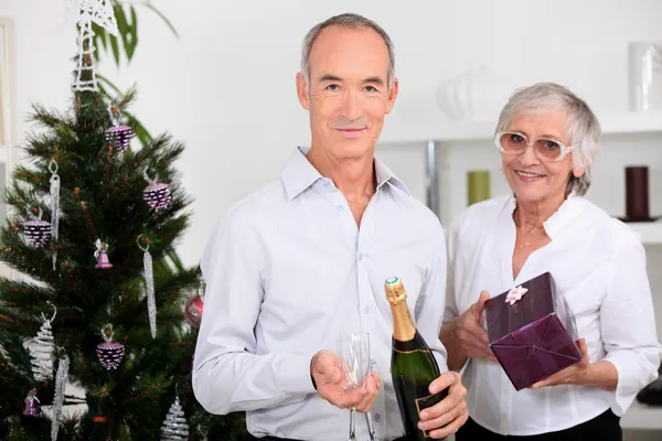 Äldre par firar tillsammans vid jul — Stockfoto