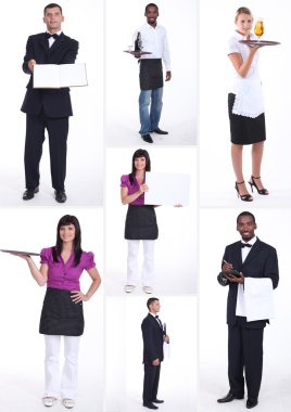 Shots of male and female workers in food and catering sector clipart