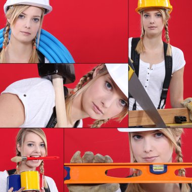 Collage of handywoman on white background clipart