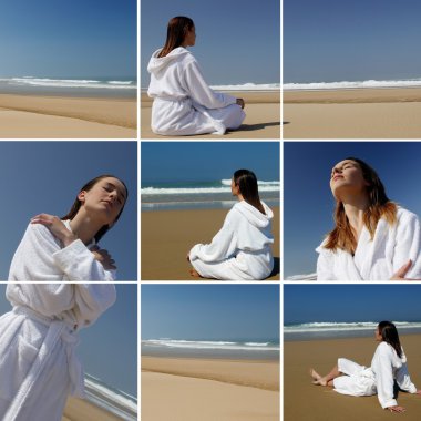 A woman in bathrobe on the beach clipart