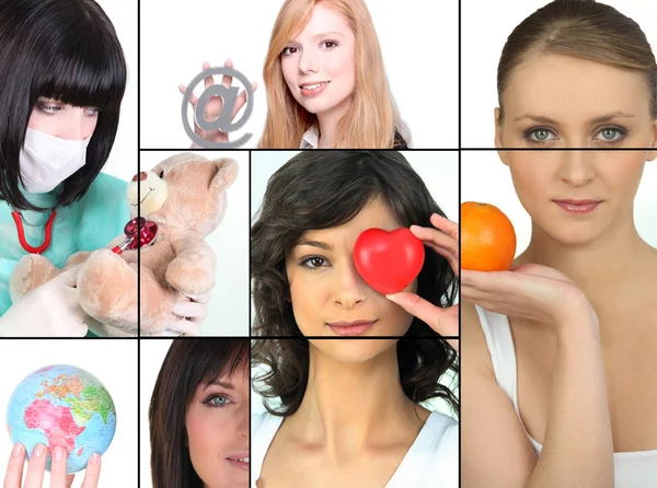 Mosaik av kvinnor som innehar olika objekt — Stockfoto