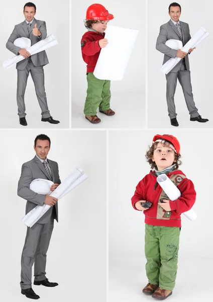 Man entreprenör och liten pojke klädd som en förman — Stockfoto
