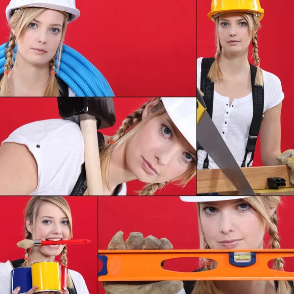 Collage einer Heimwerkerin auf weißem Hintergrund — Stockfoto