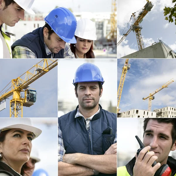 Foto-montage van het opbouwen van werknemers op een site — Stockfoto