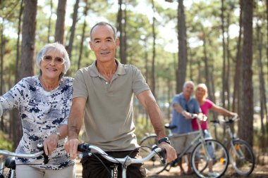 Four senior doing bike in a pine forest clipart