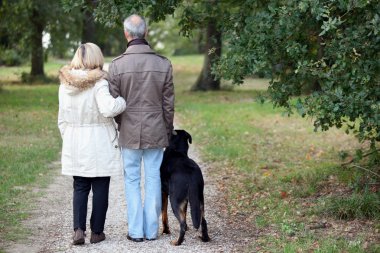Older couple walking a dog clipart
