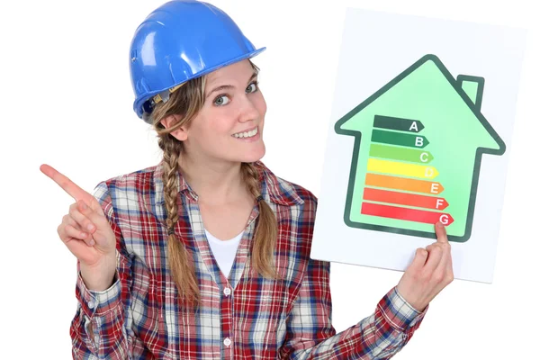 Craftswoman holding an energy consumption label — Stock Photo, Image