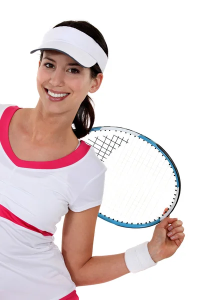白い背景で孤立した笑顔の女性テニス選手 — ストック写真