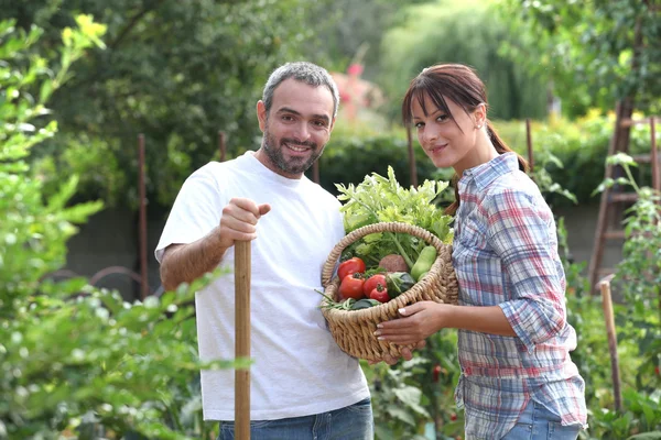 Couple stood in garden with vegetables — Stock Photo, Image