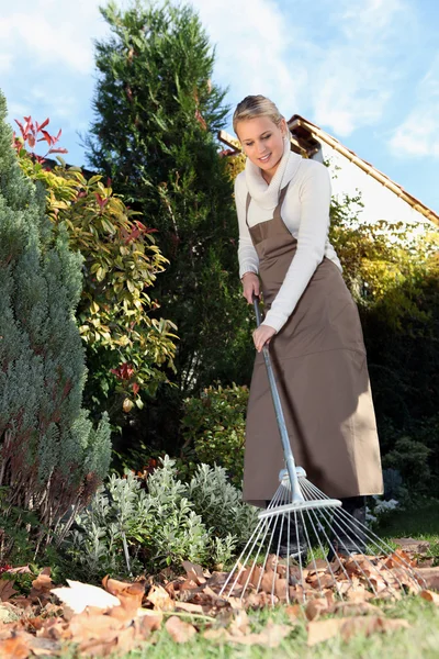 Mulher jardinagem com ancinho — Fotografia de Stock