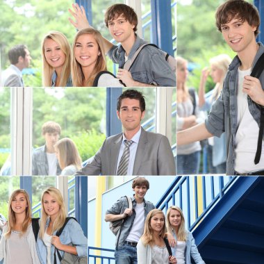 Students and teacher in the corridors of a college clipart