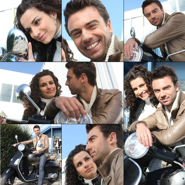 Foto-montaje de una joven pareja con scooter — Foto de Stock