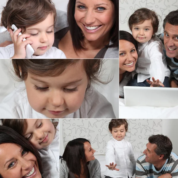 Klein meisje en ouders met laptop, foto-montage — Stockfoto