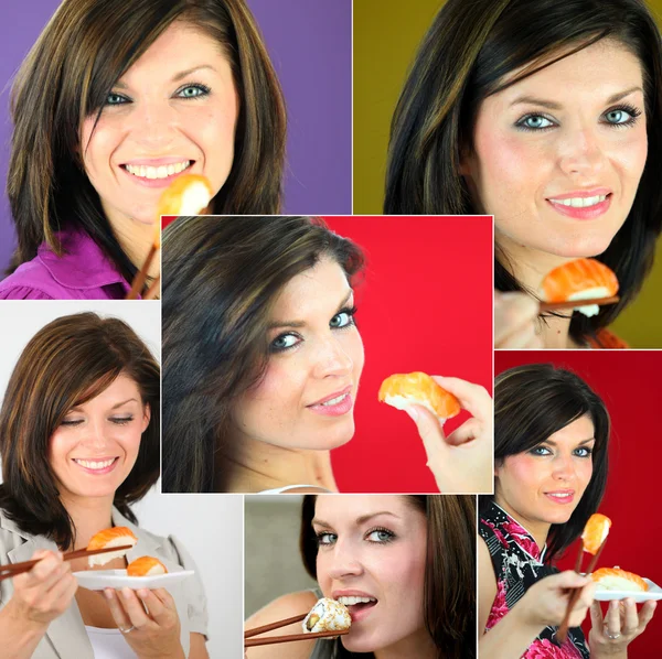 魅力的な女性は寿司を食べることのモンタージュ — ストック写真
