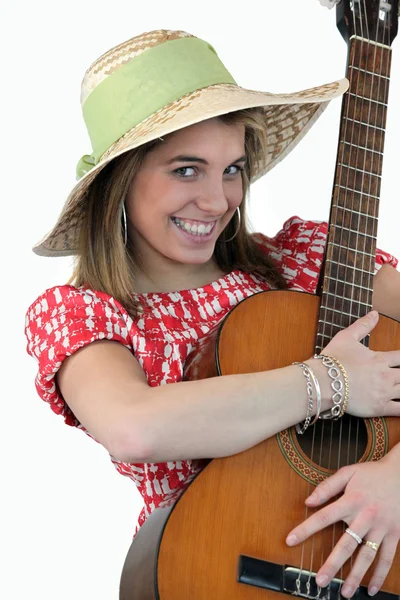 Happy girl with guitar — Stock Photo, Image
