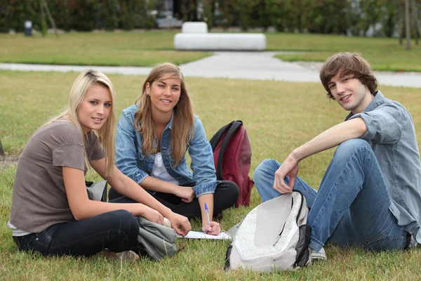 Ültünk a parkban működő három diák — Stock Fotó