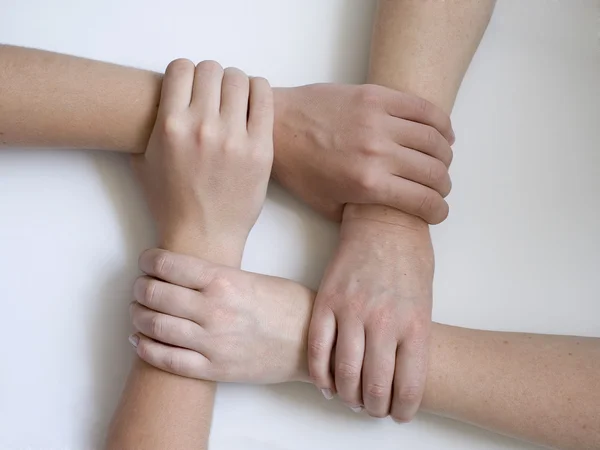 Mãos unidas sobre branco — Fotografia de Stock