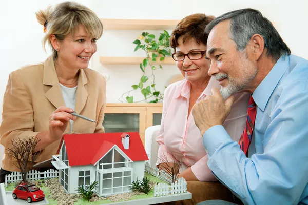 Seniorenpaar diskutiert mit Berater — Stockfoto