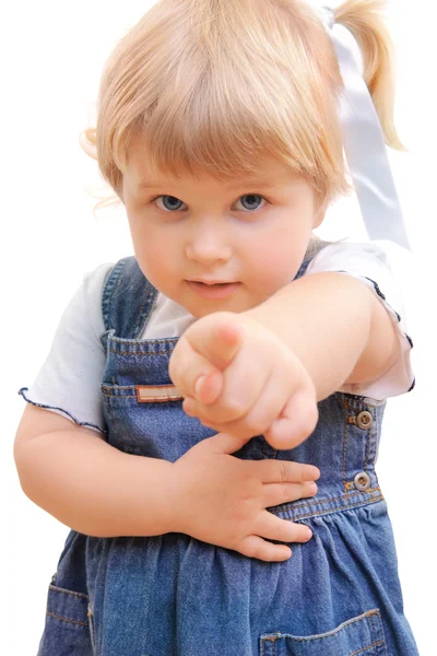 Small girl shows a finger forwards — Stock Photo, Image