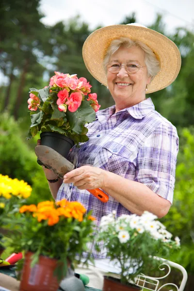Porträt einer hübschen Seniorin beim Gärtnern — Stockfoto