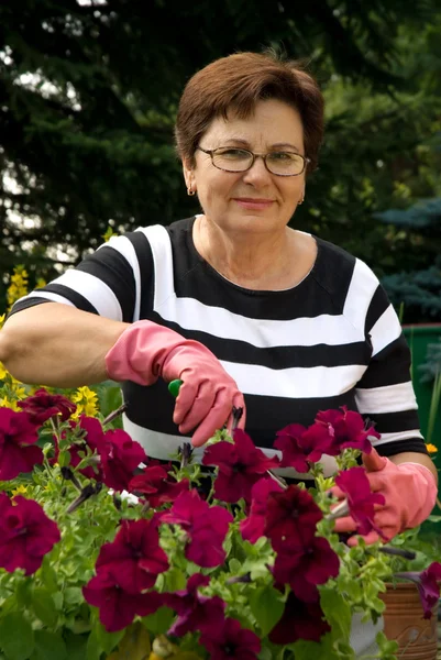 Senior senhora no jardim — Fotografia de Stock