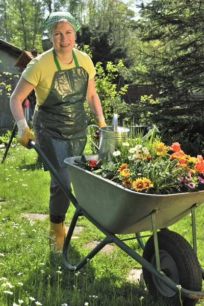 Glad kvinna med blommor i sin trädgård — Φωτογραφία Αρχείου