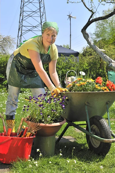 Счастливая женщина с цветами в саду — стоковое фото