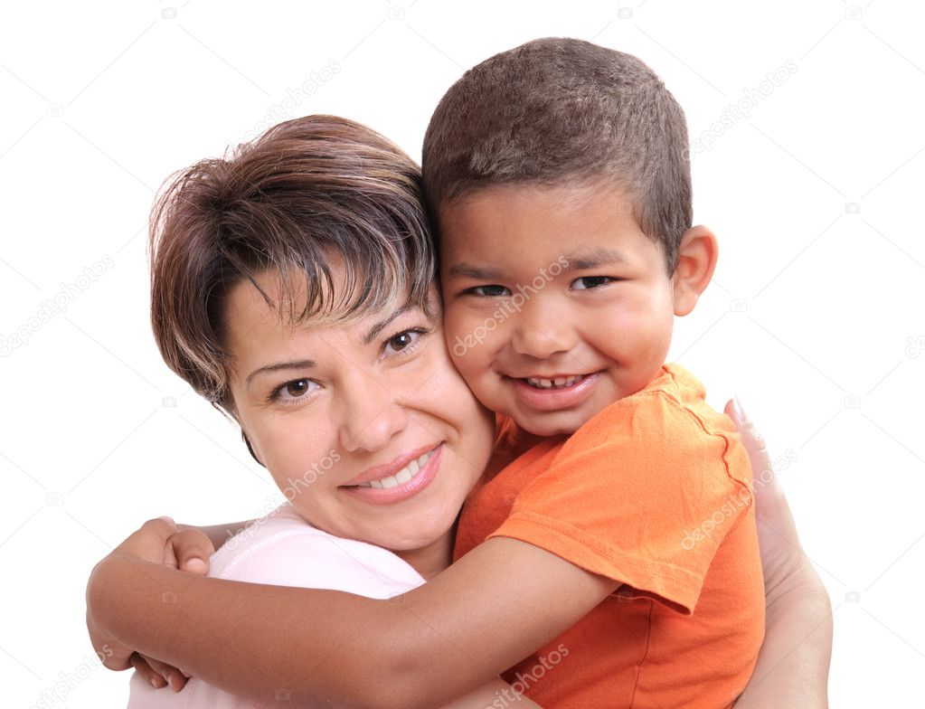 Little African boy in adoptive mothers arms