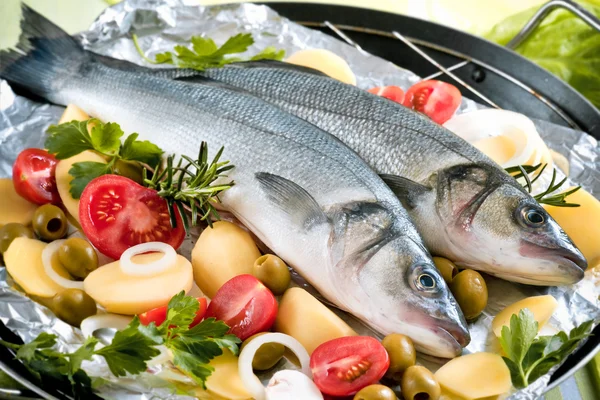 Sea-bass with the vegetables on a grill — Stock Photo, Image