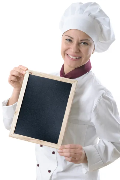 Female chef with menu blackboard — Stock Photo, Image