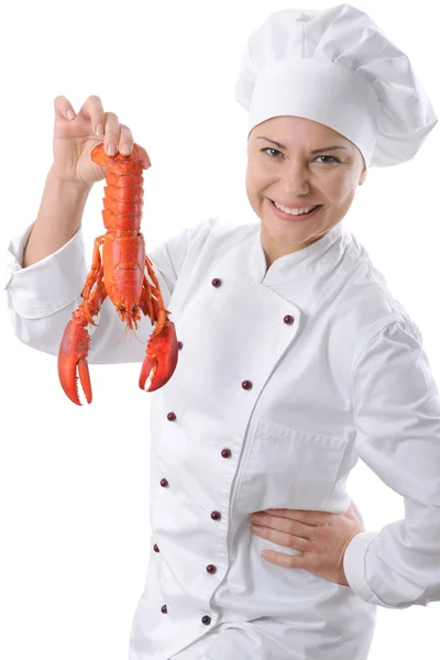 Chef feminino com uma lagosta — Fotografia de Stock