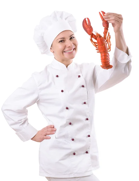 Chef féminin avec un homard — Photo
